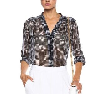 DvF • harlow long sleeve button up silk sheer top • black & white optic plaid 4